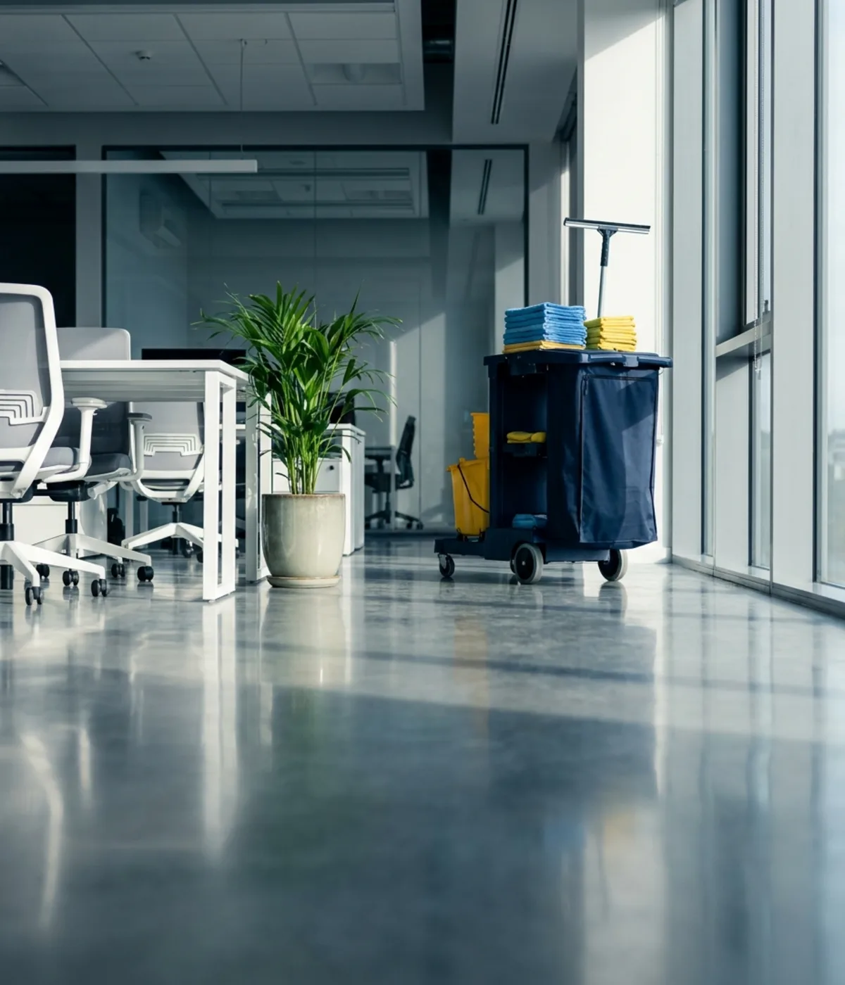 Frisch gereinigtes Büro mit spiegelndem Boden, daneben ein bereitgestellter Reinigungswagen