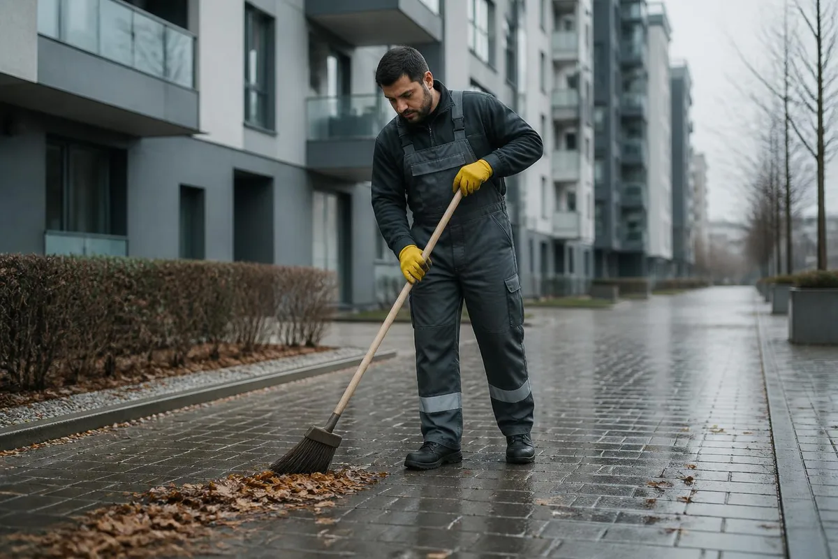 Reinigungskraft kehrt nasses Laub von einem gepflasterten Weg vor einem Wohnhaus