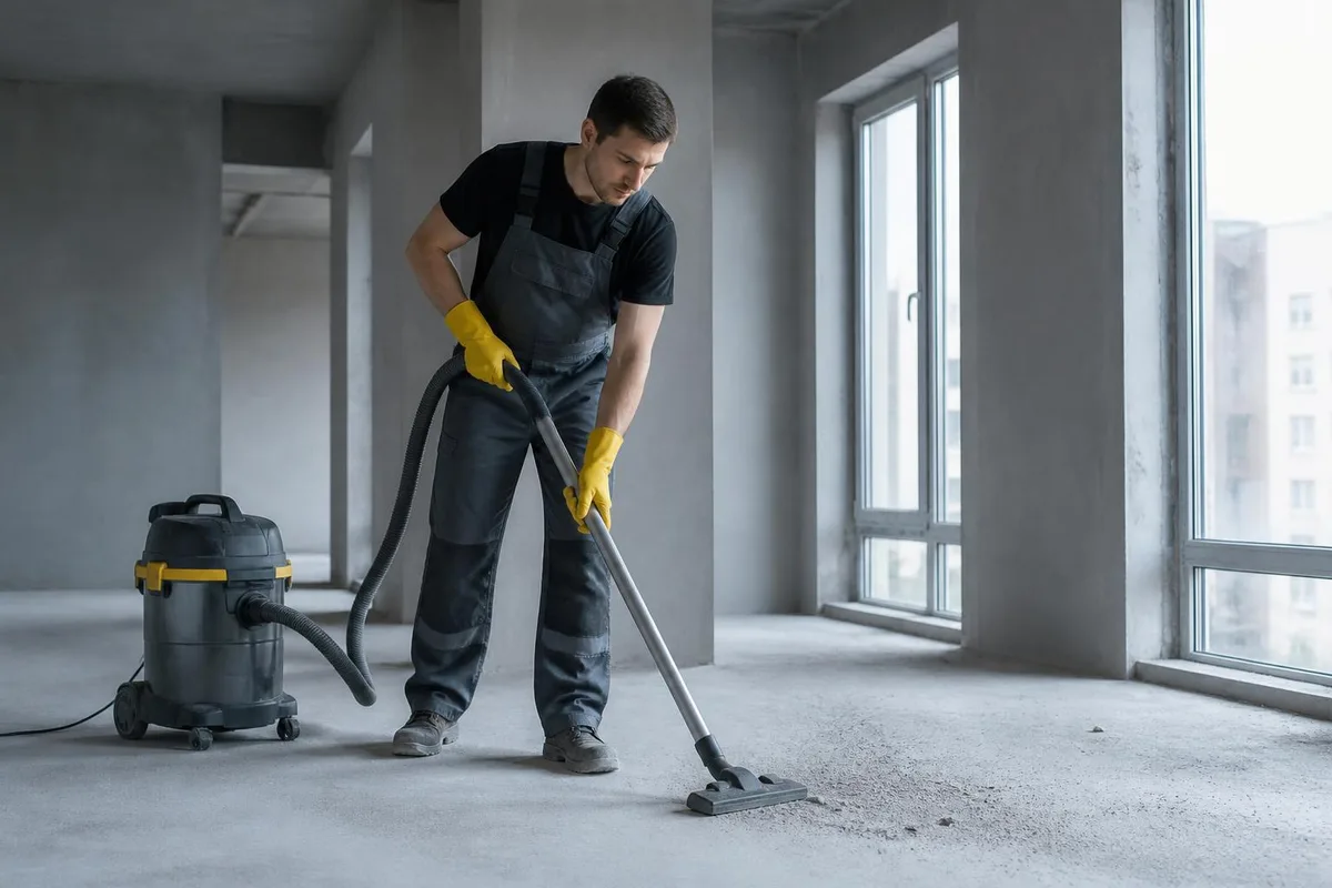Reinigungskraft saugt Baustaub vom Estrich einer noch unfertigen Wohnung