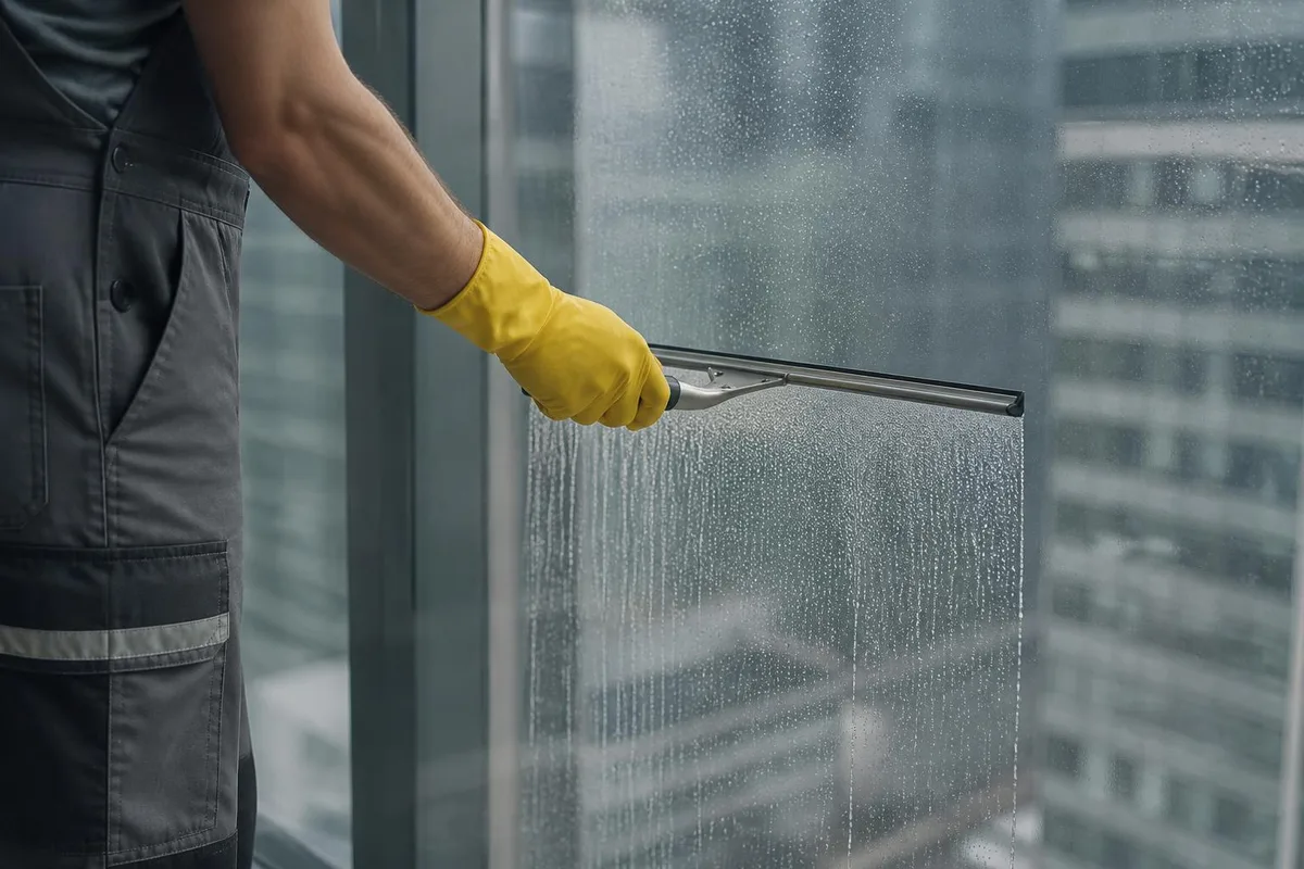 Behandschuhte Hand zieht einen Fensterabzieher über eine nasse Glasscheibe