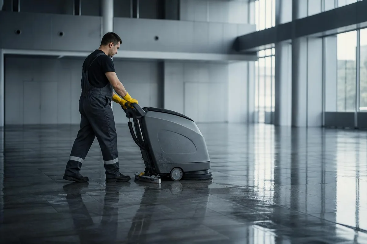 Reinigungskraft führt eine Scheuersaugmaschine über einen großen Hallenboden