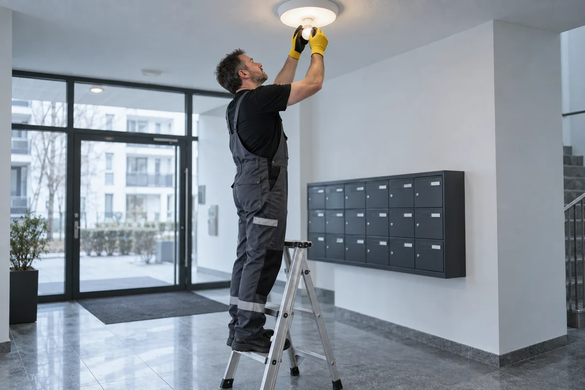 Hausmeister auf einer Trittleiter tauscht im Eingangsbereich eines Wohnhauses das Leuchtmittel einer Deckenlampe