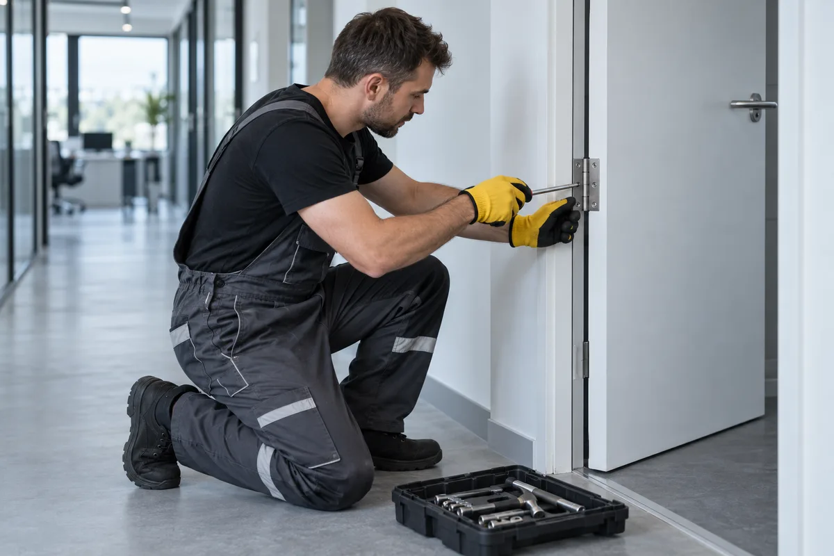 Handwerker kniet an einer Bürotür und stellt mit dem Schraubendreher ein Türscharnier nach