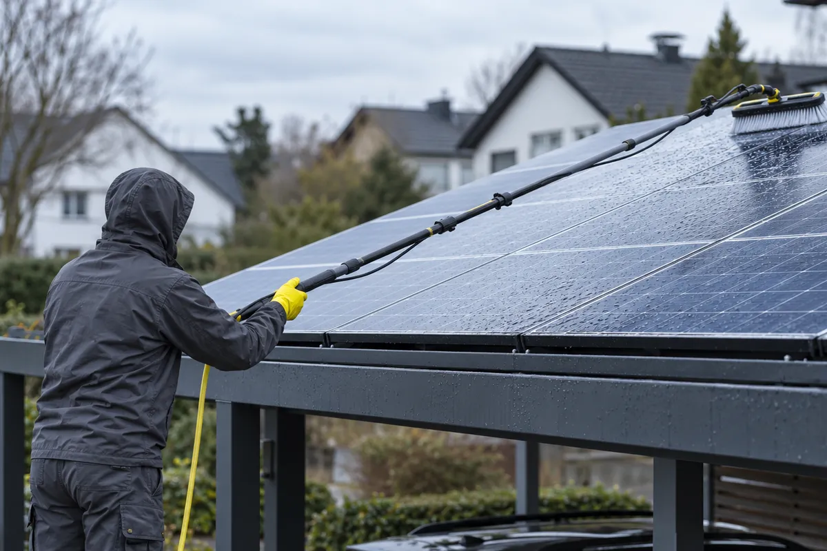 Reinigungskraft reinigt vom Boden aus mit Teleskopstange und Wasserbürste die Solarmodule auf einem Carport