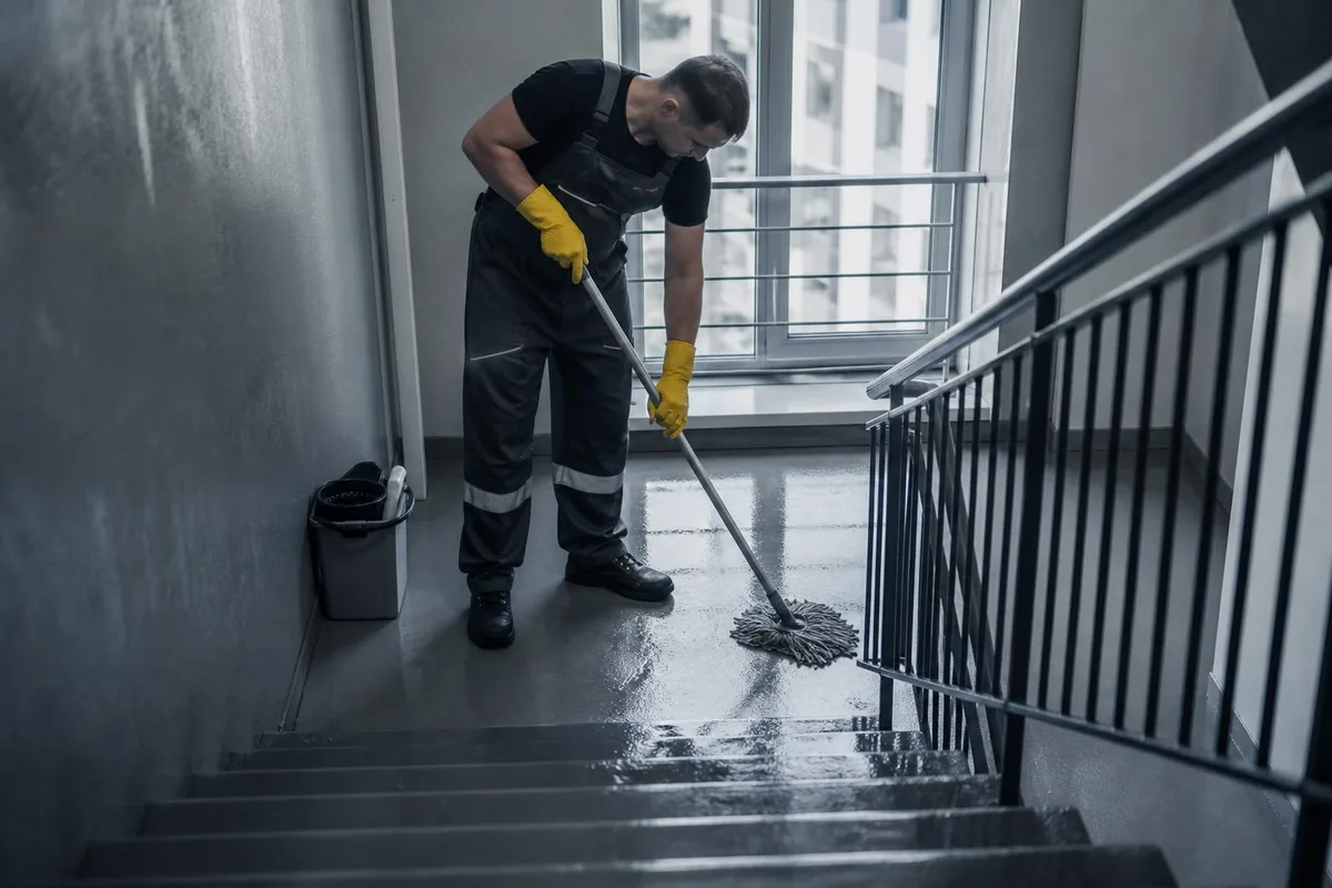 Reinigungskraft wischt mit Mopp und Eimer das Podest eines Treppenhauses