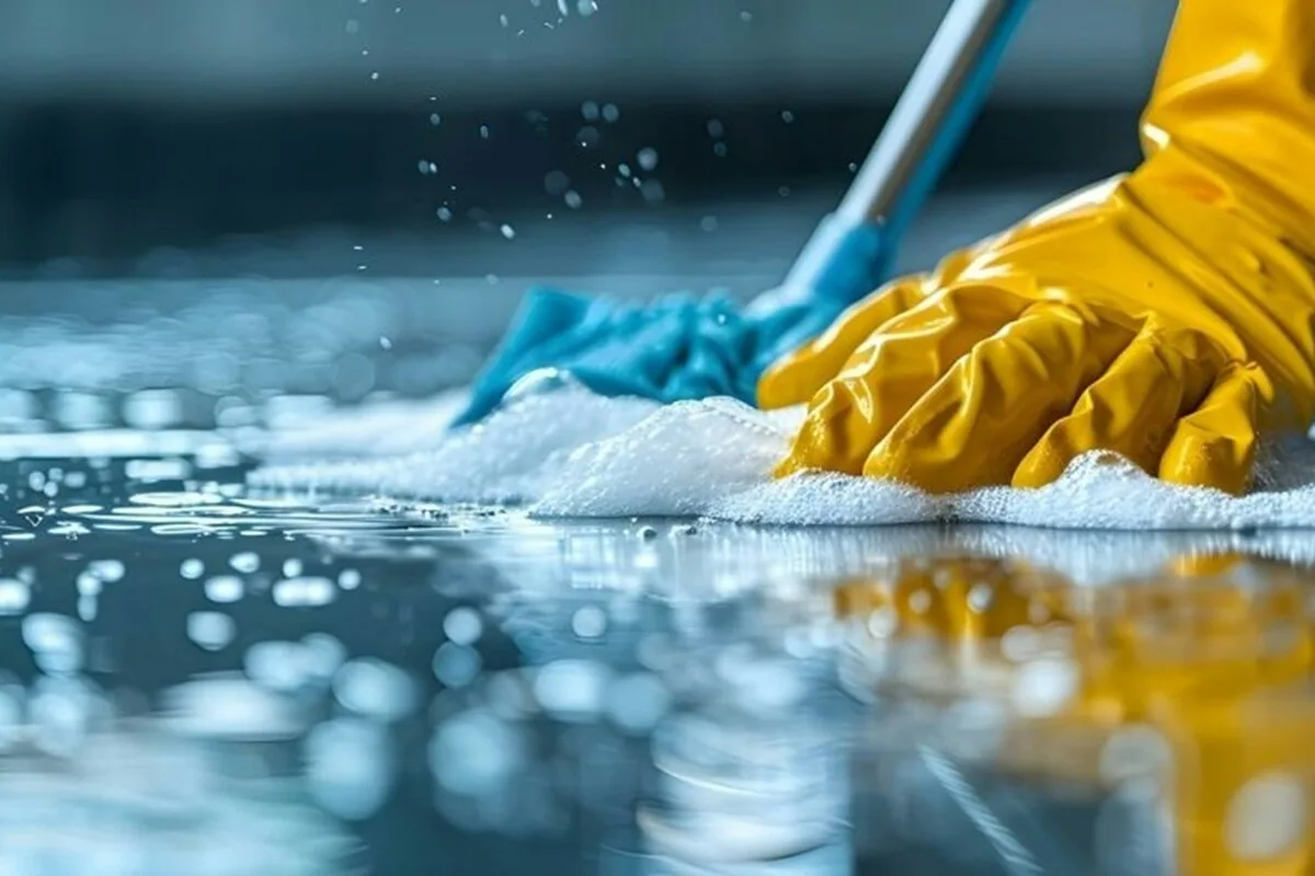 Behandschuhte Hand wischt mit Tuch und Schaum über eine Bodenfläche